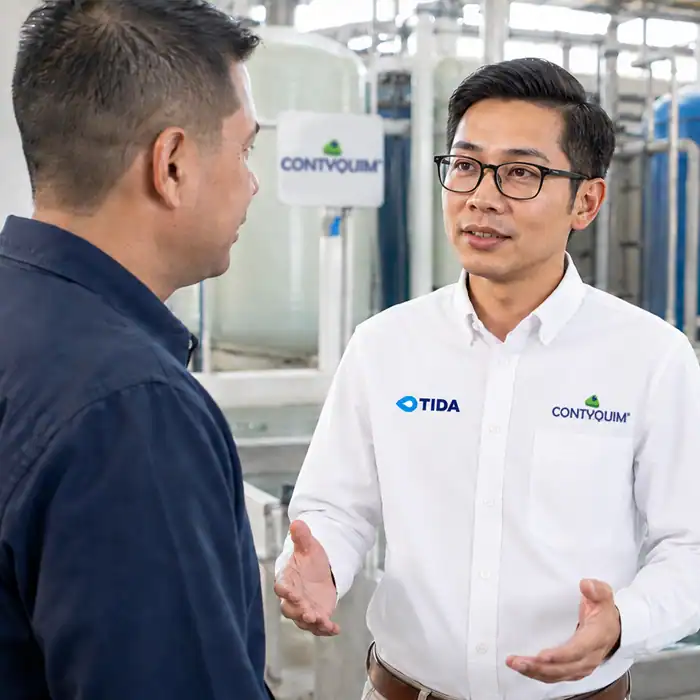 Especialista en Tratamiento de Aguas Residuales hablando con cliente en Instalaciones Industriales